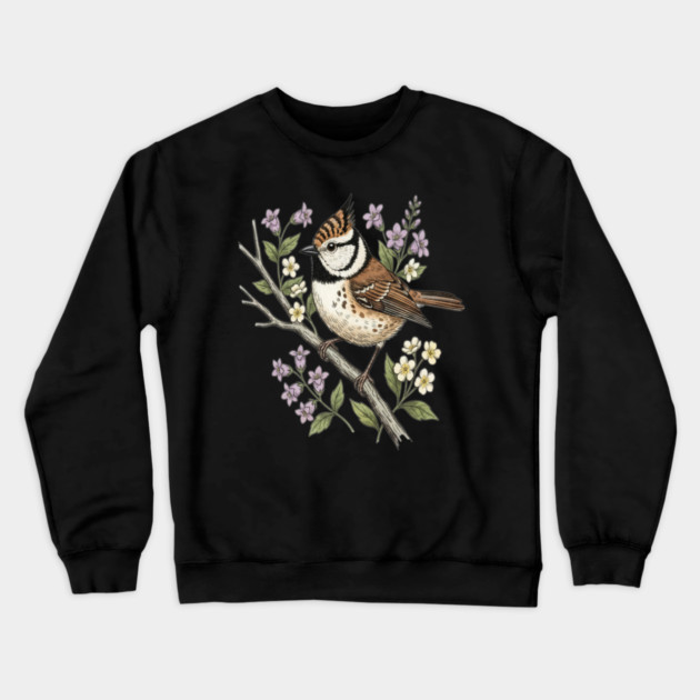 Vintage Crested Tit Botanical Scene Crewneck Sweatshirt by BirdsnStuff
