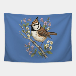 Vintage Crested Tit Botanical Scene Tapestry