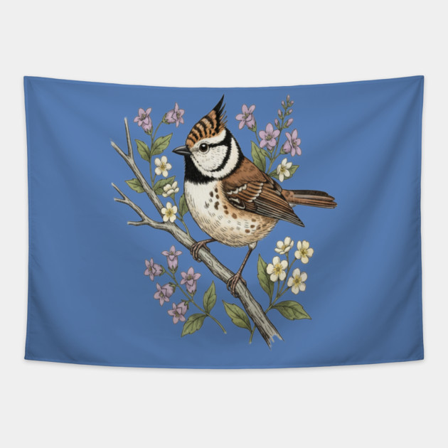 Vintage Crested Tit Botanical Scene Tapestry by BirdsnStuff