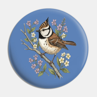 Vintage Crested Tit Botanical Scene Pin