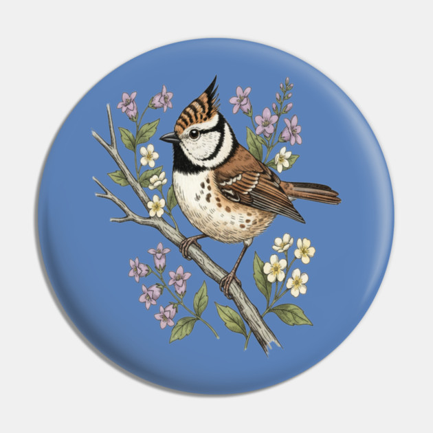 Vintage Crested Tit Botanical Scene Pin by BirdsnStuff