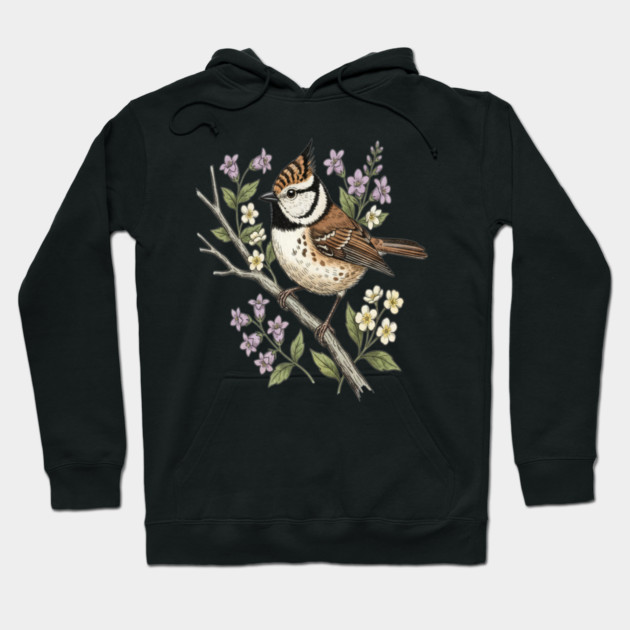 Vintage Crested Tit Botanical Scene Hoodie by BirdsnStuff