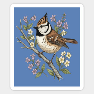Vintage Crested Tit Botanical Scene Magnet