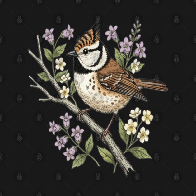 Vintage Crested Tit Botanical Scene by BirdsnStuff