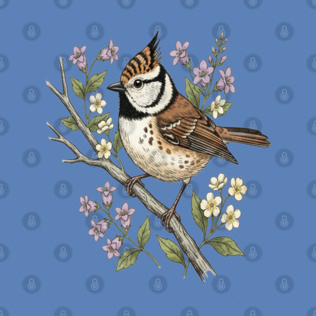 Vintage Crested Tit Botanical Scene by BirdsnStuff