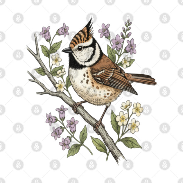 Vintage Crested Tit Botanical Scene by BirdsnStuff