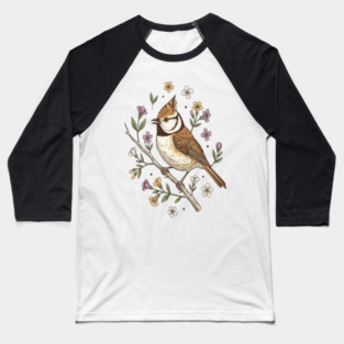 Vintage Crested Tit Wildflower Wreath Baseball T-Shirt
