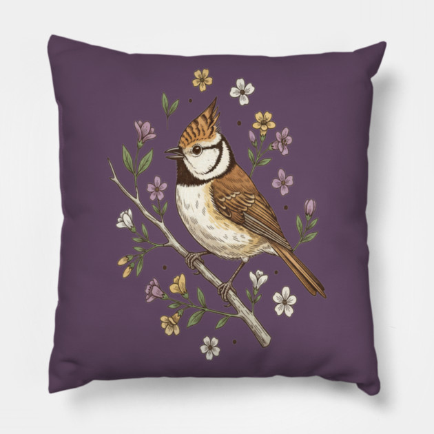 Vintage Crested Tit Wildflower Wreath Pillow by BirdsnStuff