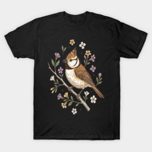 Vintage Crested Tit Wildflower Wreath T-Shirt