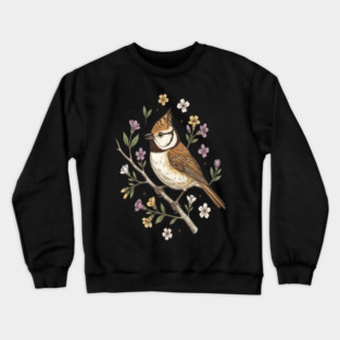 Vintage Crested Tit Wildflower Wreath Crewneck Sweatshirt