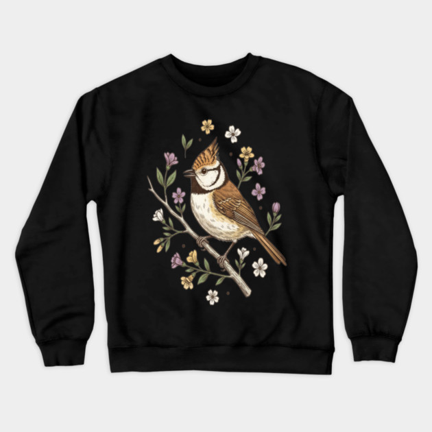 Vintage Crested Tit Wildflower Wreath Crewneck Sweatshirt by BirdsnStuff