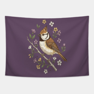 Vintage Crested Tit Wildflower Wreath Tapestry