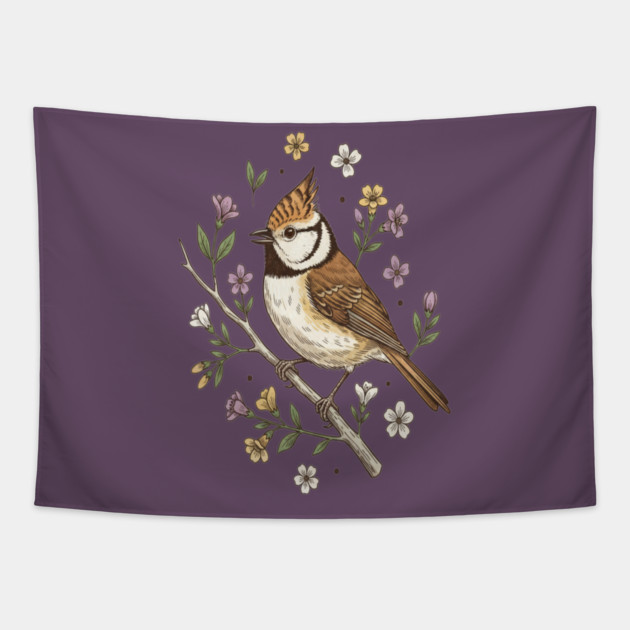 Vintage Crested Tit Wildflower Wreath Tapestry by BirdsnStuff