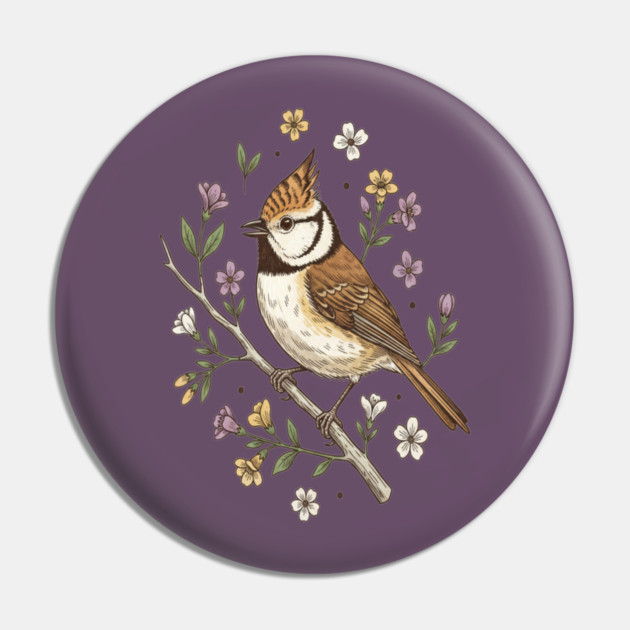 Vintage Crested Tit Wildflower Wreath Pin by BirdsnStuff
