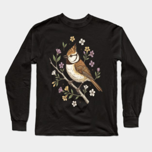 Vintage Crested Tit Wildflower Wreath Long Sleeve T-Shirt