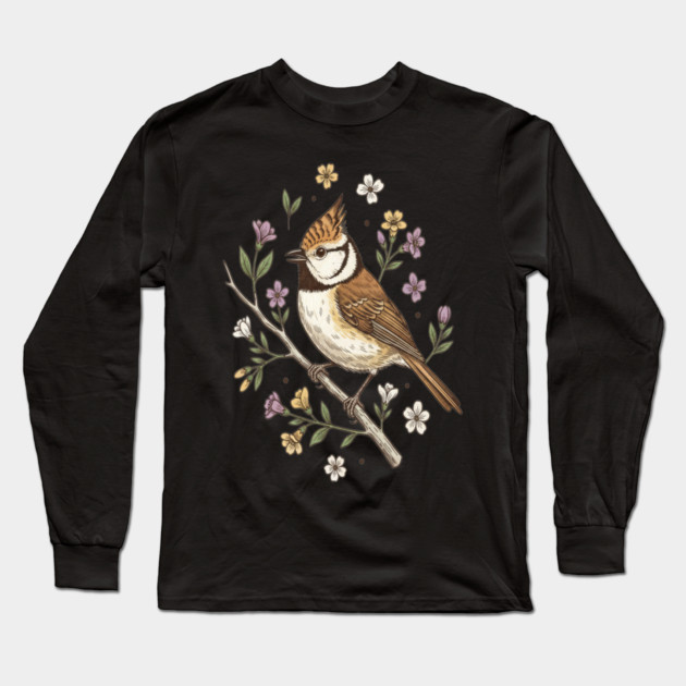 Vintage Crested Tit Wildflower Wreath Long Sleeve T-Shirt by BirdsnStuff