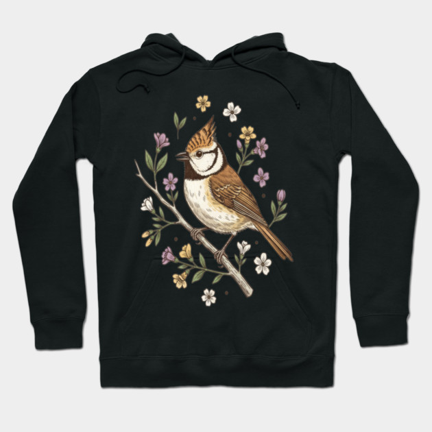 Vintage Crested Tit Wildflower Wreath Hoodie by BirdsnStuff