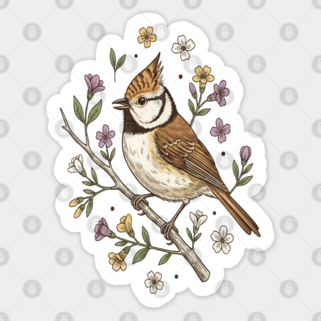 Vintage Crested Tit Wildflower Wreath Sticker by BirdsnStuff