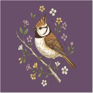 Vintage Crested Tit Wildflower Wreath Posters and Art