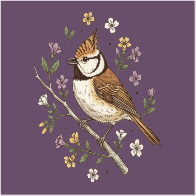 Vintage Crested Tit Wildflower Wreath Wall Art by BirdsnStuff