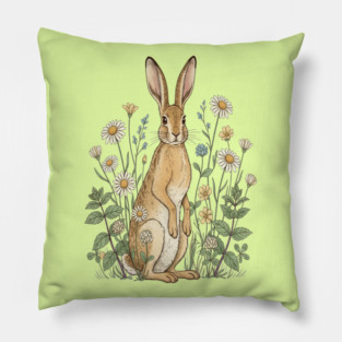Curious Hare Among Field Flowers Pillow