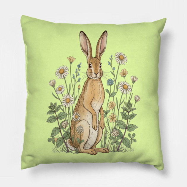 Curious Hare Among Field Flowers Pillow by BirdsnStuff