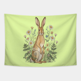Curious Hare Among Field Flowers Tapestry