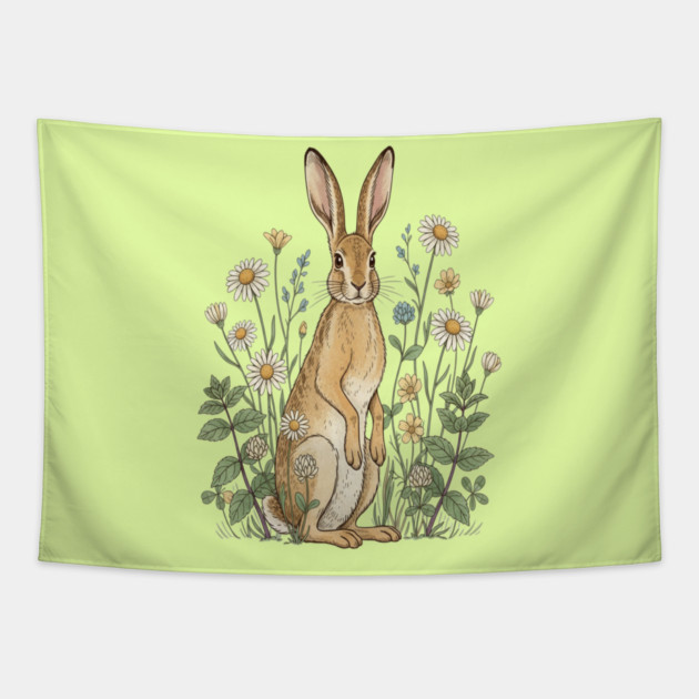 Curious Hare Among Field Flowers Tapestry by BirdsnStuff