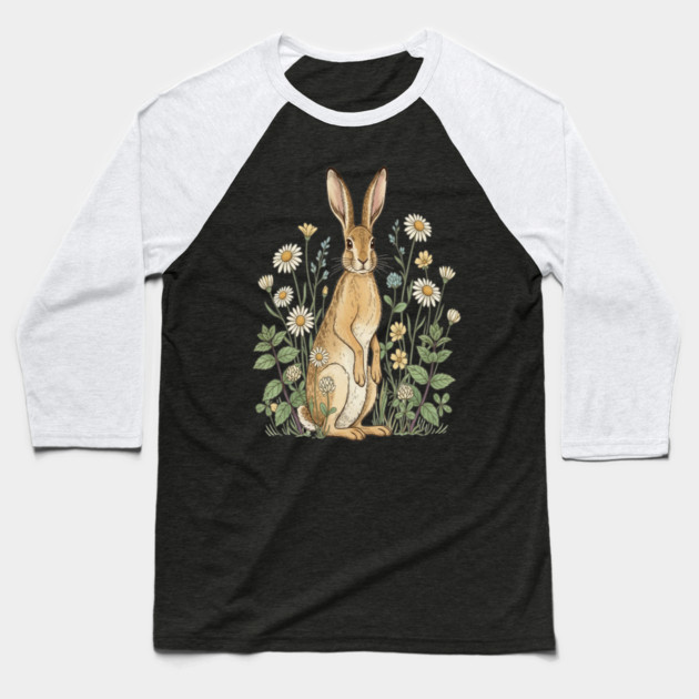 Curious Hare Among Field Flowers Baseball T-Shirt by BirdsnStuff