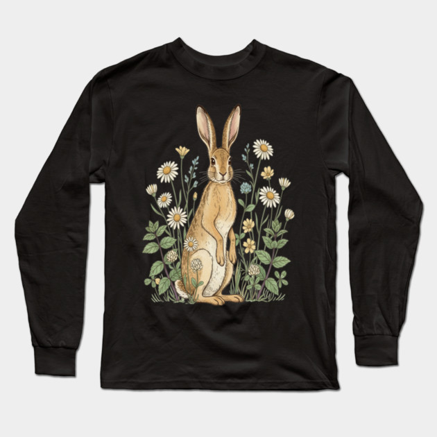 Curious Hare Among Field Flowers Long Sleeve T-Shirt by BirdsnStuff