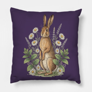 Vintage Meadow Hare and Daisies Pillow