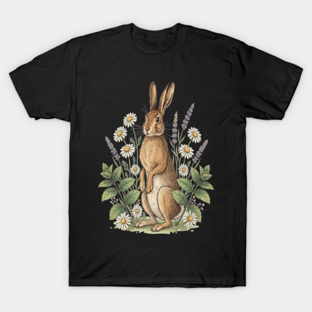 Vintage Meadow Hare and Daisies T-Shirt by BirdsnStuff
