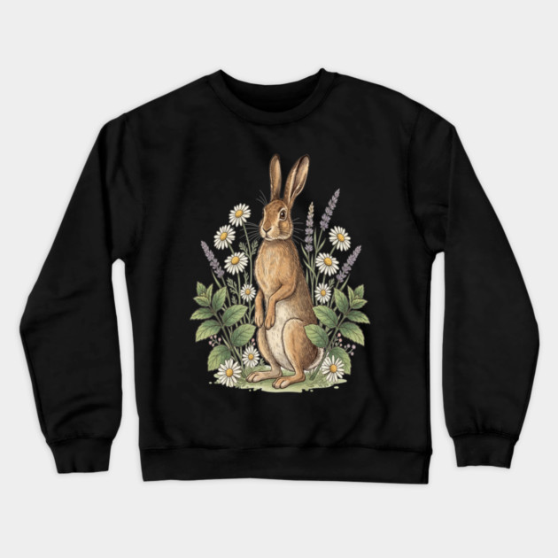 Vintage Meadow Hare and Daisies Crewneck Sweatshirt by BirdsnStuff