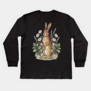 Vintage Meadow Hare and Daisies Kids Long Sleeve T-Shirt