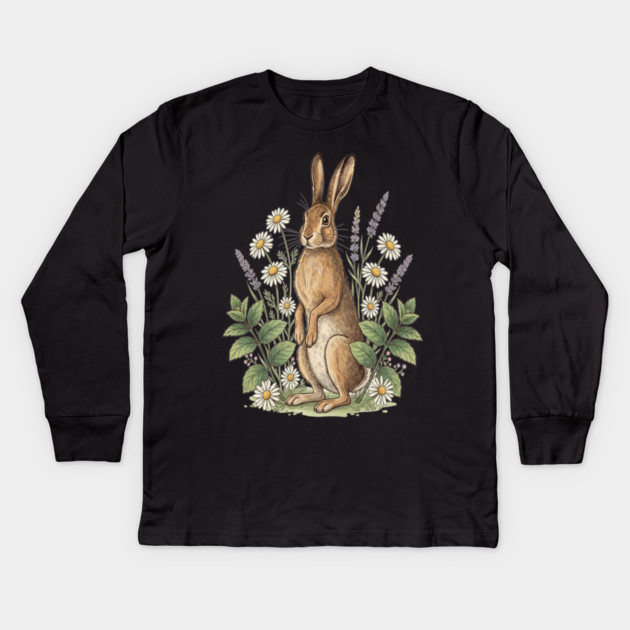 Vintage Meadow Hare and Daisies Kids Long Sleeve T-Shirt by BirdsnStuff