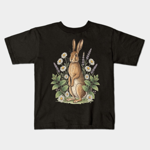 Vintage Meadow Hare and Daisies Kids T-Shirt by BirdsnStuff