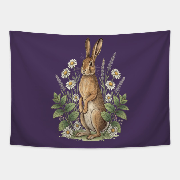 Vintage Meadow Hare and Daisies Tapestry by BirdsnStuff