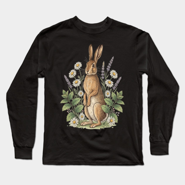 Vintage Meadow Hare and Daisies Long Sleeve T-Shirt by BirdsnStuff