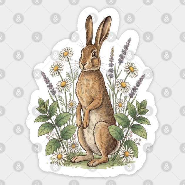Vintage Meadow Hare and Daisies Sticker by BirdsnStuff