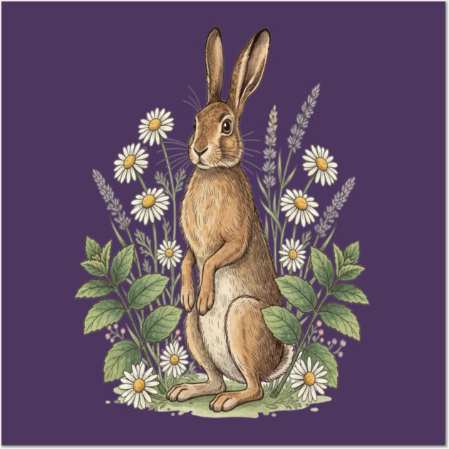 Vintage Meadow Hare and Daisies Wall Art by BirdsnStuff