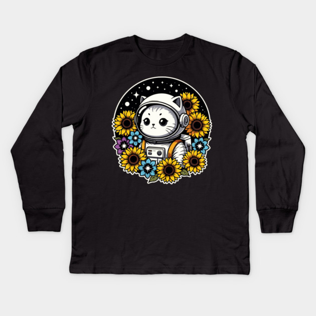 Cosmic Sunflower Kitten Kids Long Sleeve T-Shirt by Pixel Threads 