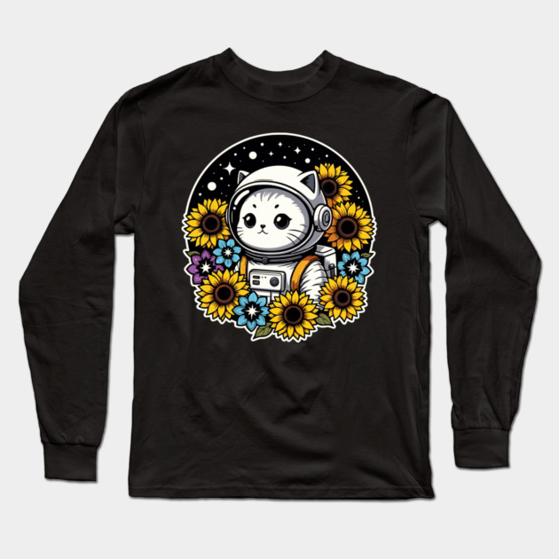Cosmic Sunflower Kitten Long Sleeve T-Shirt by Pixel Threads 