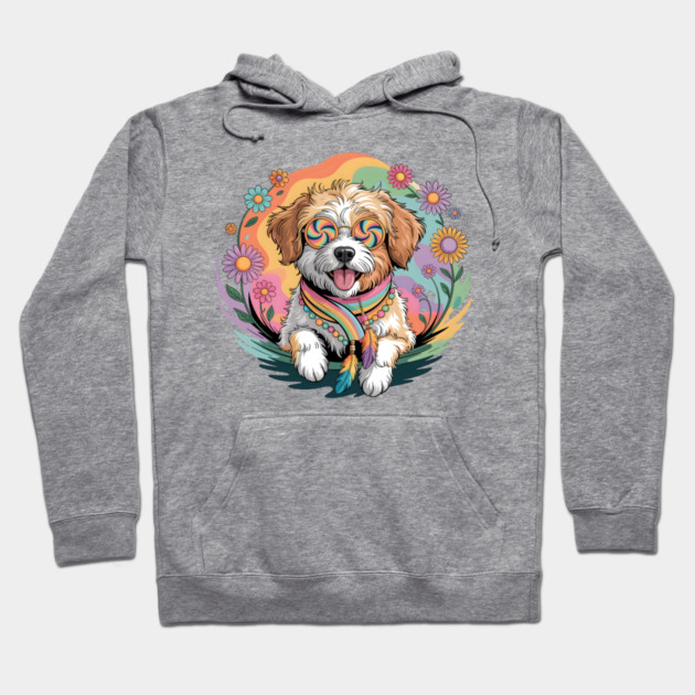 Jackapoo – Happy Floral Boho Dog Art Hoodie by JessArty