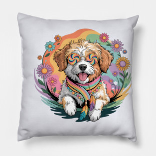 Jackapoo – Happy Floral Boho Dog Art Pillow