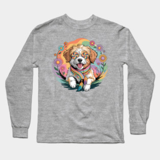 Jackapoo – Happy Floral Boho Dog Art Long Sleeve T-Shirt