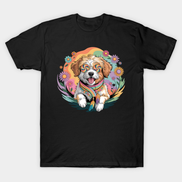 Jackapoo – Happy Floral Boho Dog Art T-Shirt by JessArty