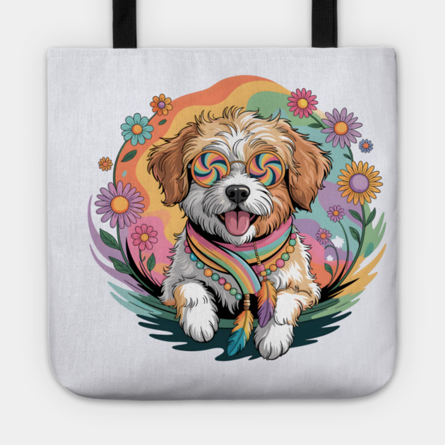 Jackapoo – Happy Floral Boho Dog Art Tote by JessArty