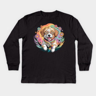 Jackapoo – Happy Floral Boho Dog Art Kids Long Sleeve T-Shirt