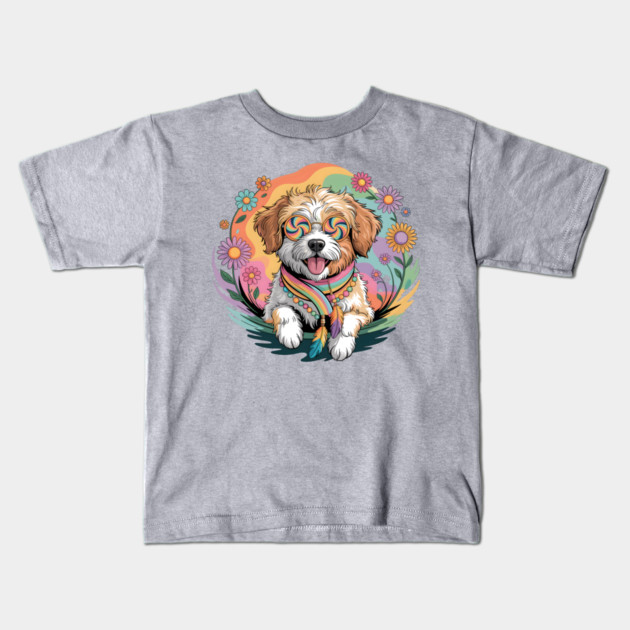 Jackapoo – Happy Floral Boho Dog Art Kids T-Shirt by JessArty