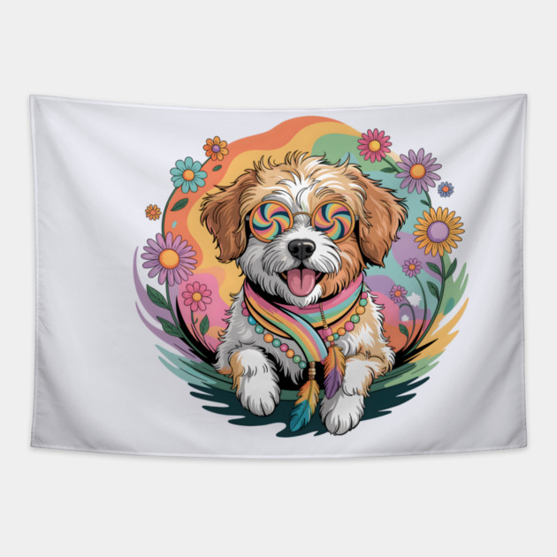 Jackapoo – Happy Floral Boho Dog Art Tapestry by JessArty